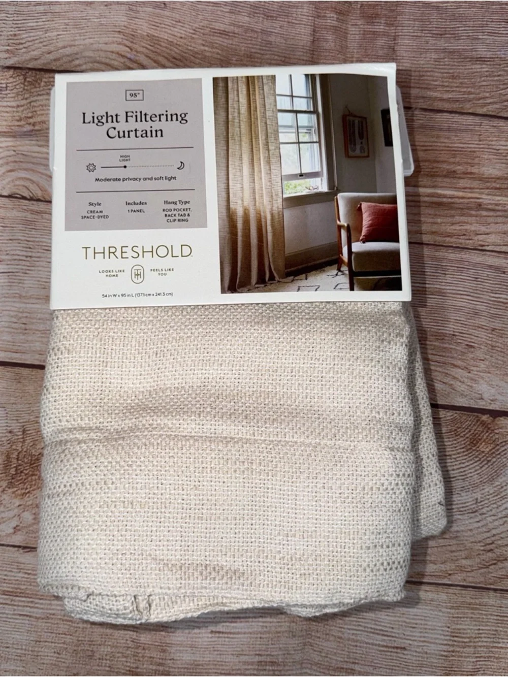 54”x95” Threshold Light Filtering Textured Window Curtain Panel in Cream NWT